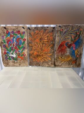 Traditional Mexican Folk Art Amate Bark Painting - Three Paintings 16 X 12
